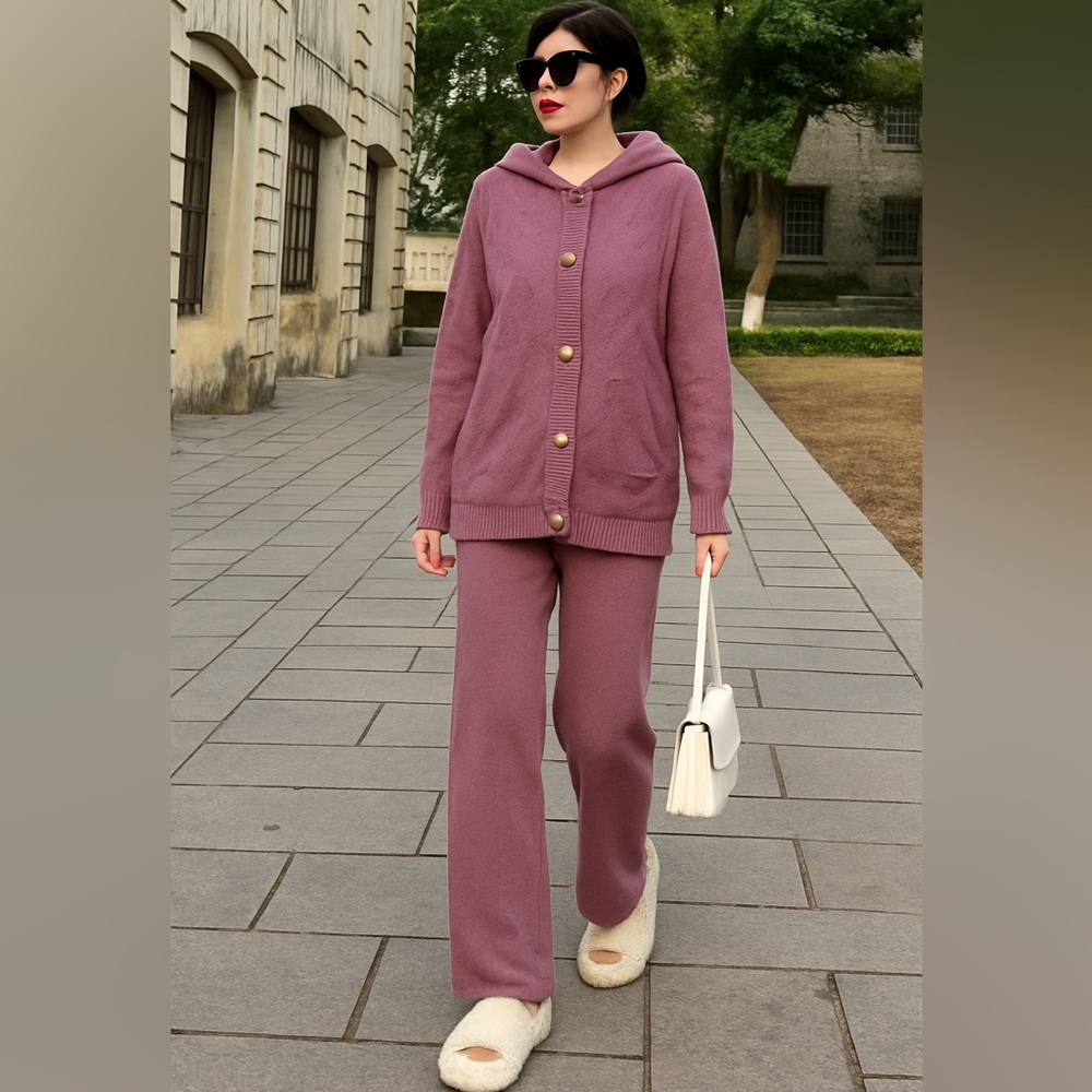 50% Cashmere-Blend Hooded Knit Set | Pearl Button Cardigan & Pants | New